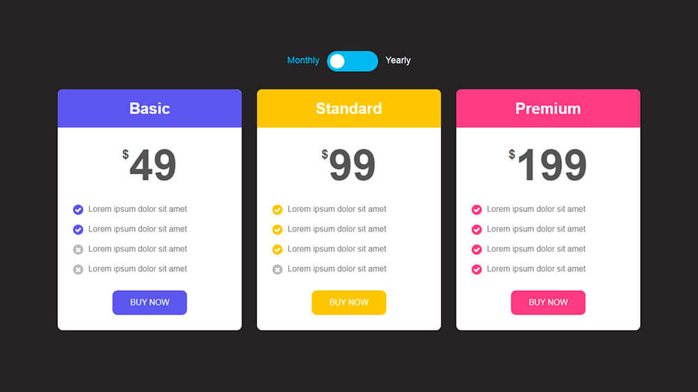 Example for Toggle pricing table